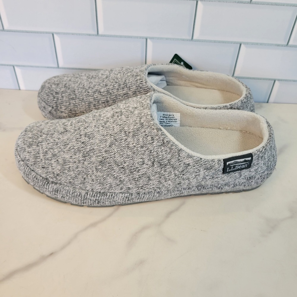 NEW L.L. Bean Sweater Fleece Slippers Womens Size 7 Gray Heather Mule Scuffs